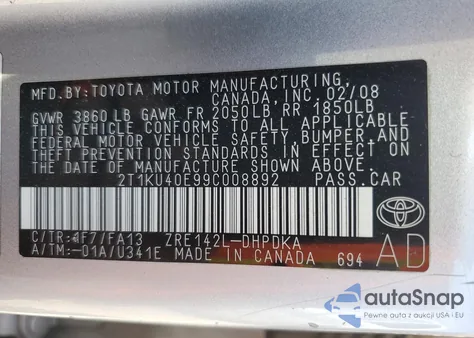 2009 Toyota Corolla Matrix from USA, damaged, VIN 2T1KU40E99C008892